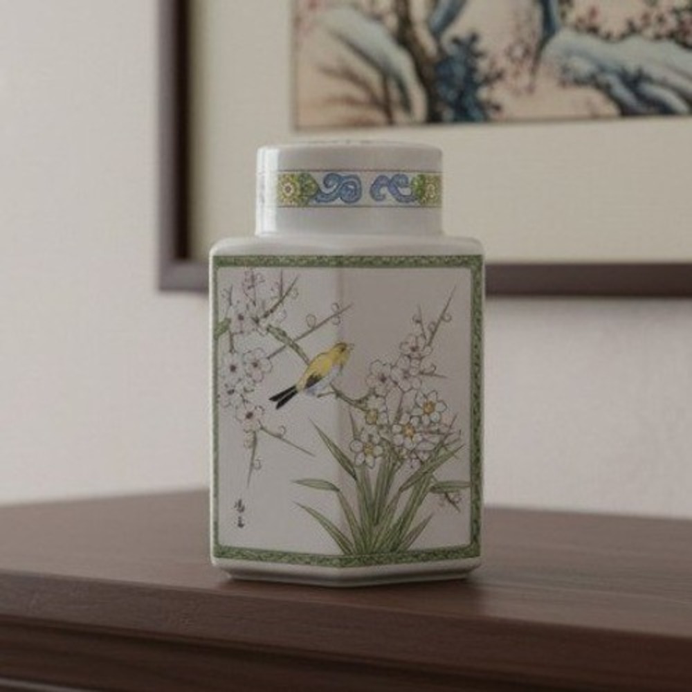 Porcelain Asian Inspired Candleholder, Vintage Floral &‎ Bird Themed Design